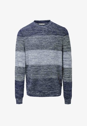Jersey de lana en azul oscuro y gris con rayas horizontales, cuello redondo, puños y dobladillo acanalados. Tejido texturizado con un acabado suave.