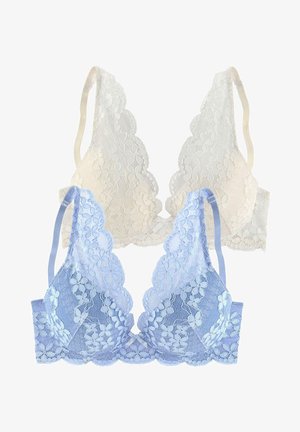 Du ploni nėriniai liemenėlės, viena kreminė, kita šviesiai mėlyna. Abi turi banguotas krašteles, gėlių raštus ir reguliuojamas petnešas.