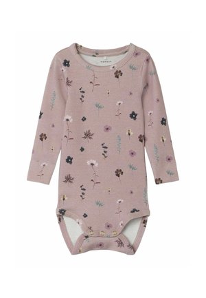 Body rose à manches longues pour bébé avec petit imprimé floral multicolore et pressions à l'entrejambe pour faciliter le changement de couche.