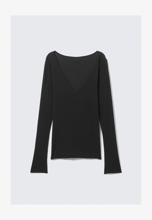 Black long-sleeve top with deep V-neckline at the back, straight hem, and slightly flared cuffs, displayed on a plain light background.