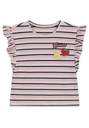 Dziecięca koszulka z krótkim rękawem w poziome różowe, białe i czarne paski, z falbaniaste rękawy oraz naszywkami w kształcie truskawek i cytryn z napisem "Guess".