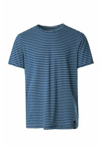 T-shirt à manches courtes rayé bleu en tissu doux, avec des rayures horizontales blanches et un col rond. Petite étiquette à l'ourlet.