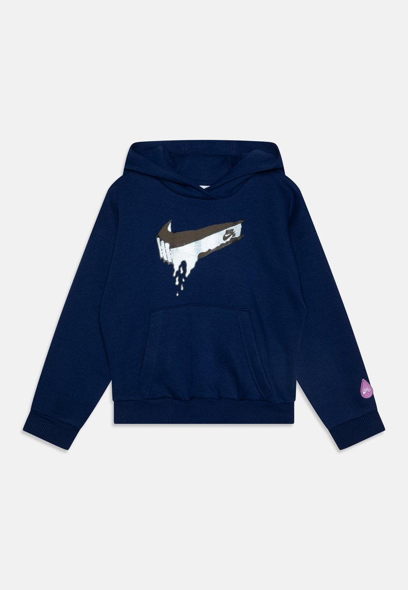 Navy blue hoodie with a central white and brown Nike logo, kangaroo pocket, ribbed cuffs, and a branded tag in purple on the sleeve.