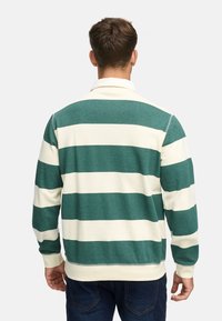Camisa polo de manga larga a rayas verdes y crema con cuello y puños acanalados. Material de algodón con una textura suave.