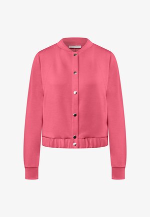 Roze cropped bomberjack met een ronde kraag, drukknoopsluiting, ribgebreide manchetten en een gerimpelde tailleband. Zachte textuur, casual ontwerp.