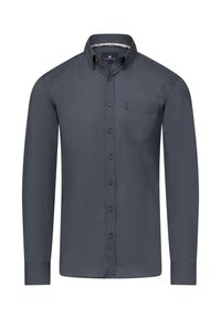 Langarm blouse in donkergrijs met een gestructureerd patroon, een borstzakje en bruine knopen op een klassieke kraag.