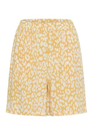 Gule og hvide leopardmønstrede shorts med elastik i taljen, lavet af letvægtsstof, velegnede til afslappet brug.