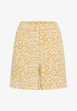 Pantalones cortos con estampado de leopardo en amarillo y blanco, con cintura elástica, confeccionados en tela ligera, ideales para uso casual.