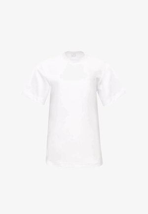 Biała bawełniana koszulka z krótkim rękawem, okrągłym dekoltem, prostym dołem i gładką teksturą; bez wzorów czy grafik.