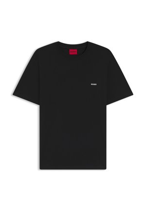 Black short-sleeve T-shirt with a small white "HUGO" logo on the left chest and red "HUGO" tag inside the collar.