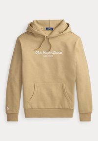 Μπεζ φούτερ Polo Ralph Lauren με κουκούλα, μπροστινή τσέπη, λευκό κεντητό λογότυπο και μικρό έμβλημα αλόγου στο μανίκι.