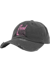 Căciulă de baseball din denim negru cu detalii uzate, având textul brodat în roz "Food & Friends" pe față. Curea ajustabilă la spate.