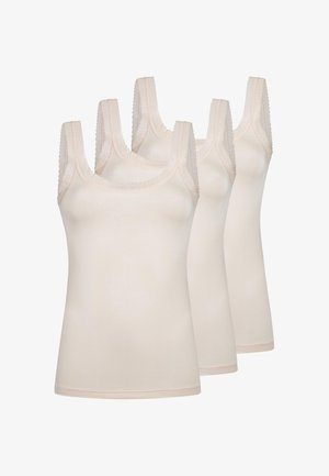 Trois débardeurs beige sans manches avec une bordure en dentelle sur les bretelles, présentés côte à côte sur un fond blanc.