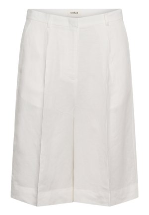 Magas derekú, fehér térd alatti fazonra szabott rövidnadrág elülső cipzárral és övhurkokkal, könnyű anyagból, a derékszalag belsejében "soaked" címkével.