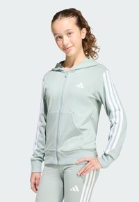 Svetlozelená mikina na zips s bielymi pruhmi na rukávoch a predným logom. Mäkkučký materiál, klokanie vrecko, voľný strih. Spárované s kalhotami z rovnakého materiálu.