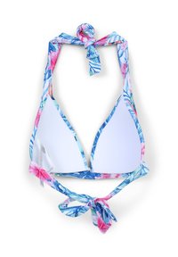 Top bikini con motivo floreale caratterizzato da una forma a triangolo, tessuto colorato con tonalità di rosa e blu, e spalline regolabili con nodo.