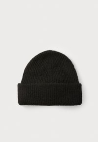 Cappello beanie nero in maglia con texture a coste e risvolto, realizzato in materiale morbido e caldo. Design semplice e leggero.