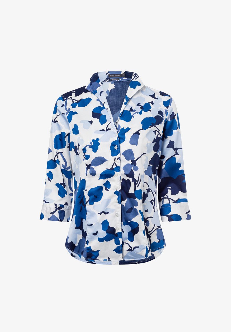 Floral button-up shirt in shades of blue and white. Features a collar, three-quarter sleeves, and a curved hem. Soft cotton fabric.