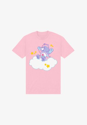 Lyserød bomulds t-shirt med et tegneserie-bjørn illustration, siddende på en sky med stjerner, i lilla og hvide farver.