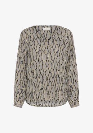Langærmet bluse i let, gennemsigtig stof med en grå baggrund, der har et bølget mønster i sort og gul, samt en V-udskæring.