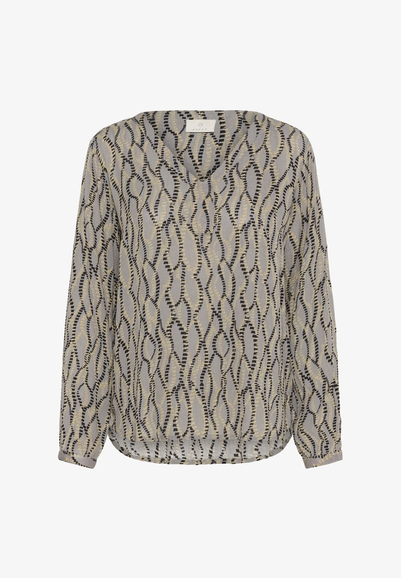 Blouse à manches longues en tissu léger et transparent avec un fond gris, présentant un motif ondulé noir et jaune, et un décolleté en V.