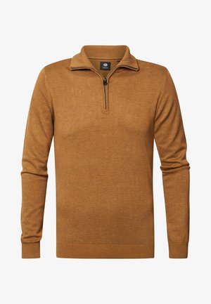 Pull-over marron à manches longues avec fermeture éclair sur un quart, poignets, col et ourlet côtelés, présenté sur fond blanc.