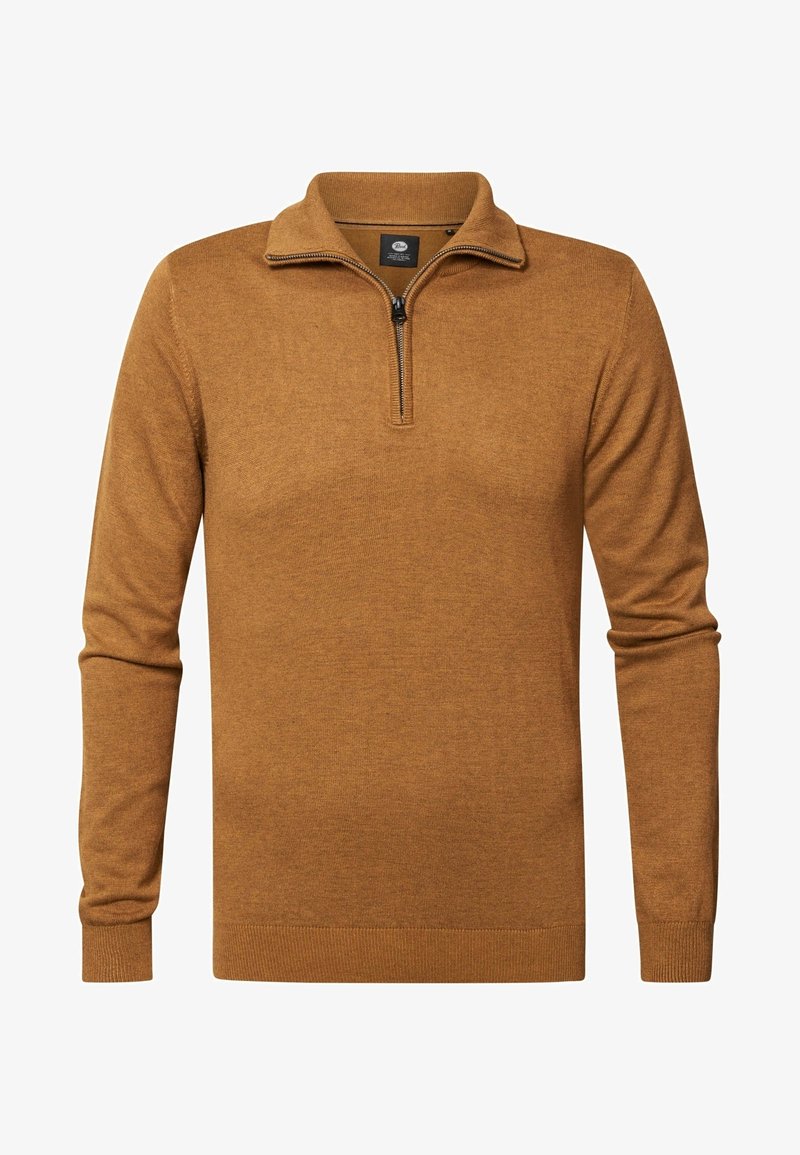 Pull-over marron à manches longues avec fermeture éclair sur un quart, poignets, col et ourlet côtelés, présenté sur fond blanc.