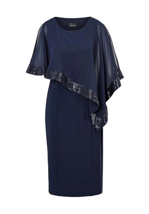 Robe marine avec un superposition fluide ressemblant à une cape, comportant des manches transparentes et un ourlet rehaussé de sequins. Texture lisse et design jusqu'aux genoux.