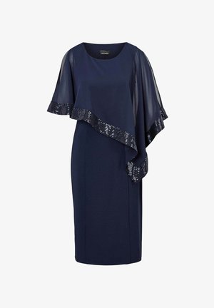 Navykleid mit einem fließenden, capeartigen Überwurf, der durchsichtige Ärmel und einen mit Pailletten akzentuierten Saum aufweist. Glatte Textur und knielanges Design.