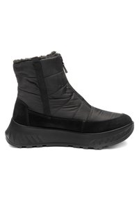 Black insulated winter boot with thick rubber sole, quilted upper, front zipper, and fleece lining inside visible at the top.