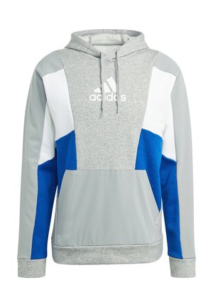 Grauer, blauer und weißer Adidas-Hoodie mit Kordelzug an der Kapuze, Fronttasche und Colorblock-Design. Adidas-Logo mittig auf der Brust.