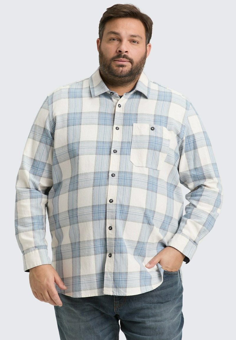 Blauw-wit geblokt overhemd met knopen, een borstzak, lange mouwen en zwarte knopen; zachte stof met een gladde textuur.