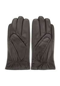 Gants en cuir noir avec une texture lisse, dotés de cinq doigts et de détails froncés au niveau des poignets. Adaptés aux temps froids.