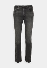 Black denim jeans with a straight fit, featuring five pockets, a button closure, and subtle fading on the front for texture.