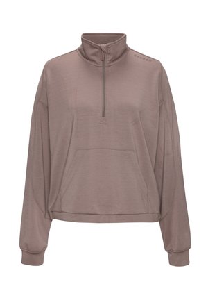 Hellbraunes, langärmliges Sweatshirt mit einem Halbzip-Kragen, einer vorderen Kängurutasche und gerippten Bündchen. Hergestellt aus weichem, strukturiertem Material.