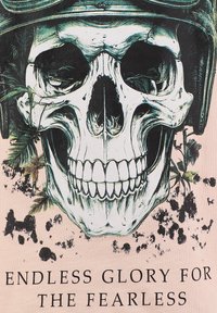 Zwart-witte schedelafbeelding met gedetailleerde tanden, een helm dragend, omgeven door groen gebladerte en een lichtroze achtergrond met tekst.