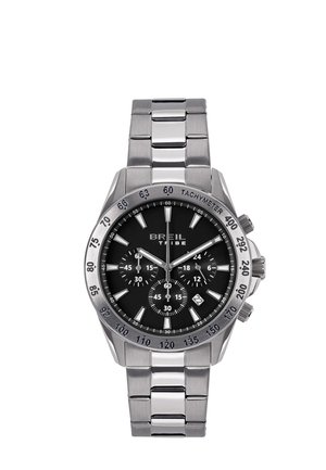 Chronograf-armbåndsur i rustfrit stål med sort urskive, tre underskiver, tachymeter-ramme, datovindue og metalledsarmbånd.