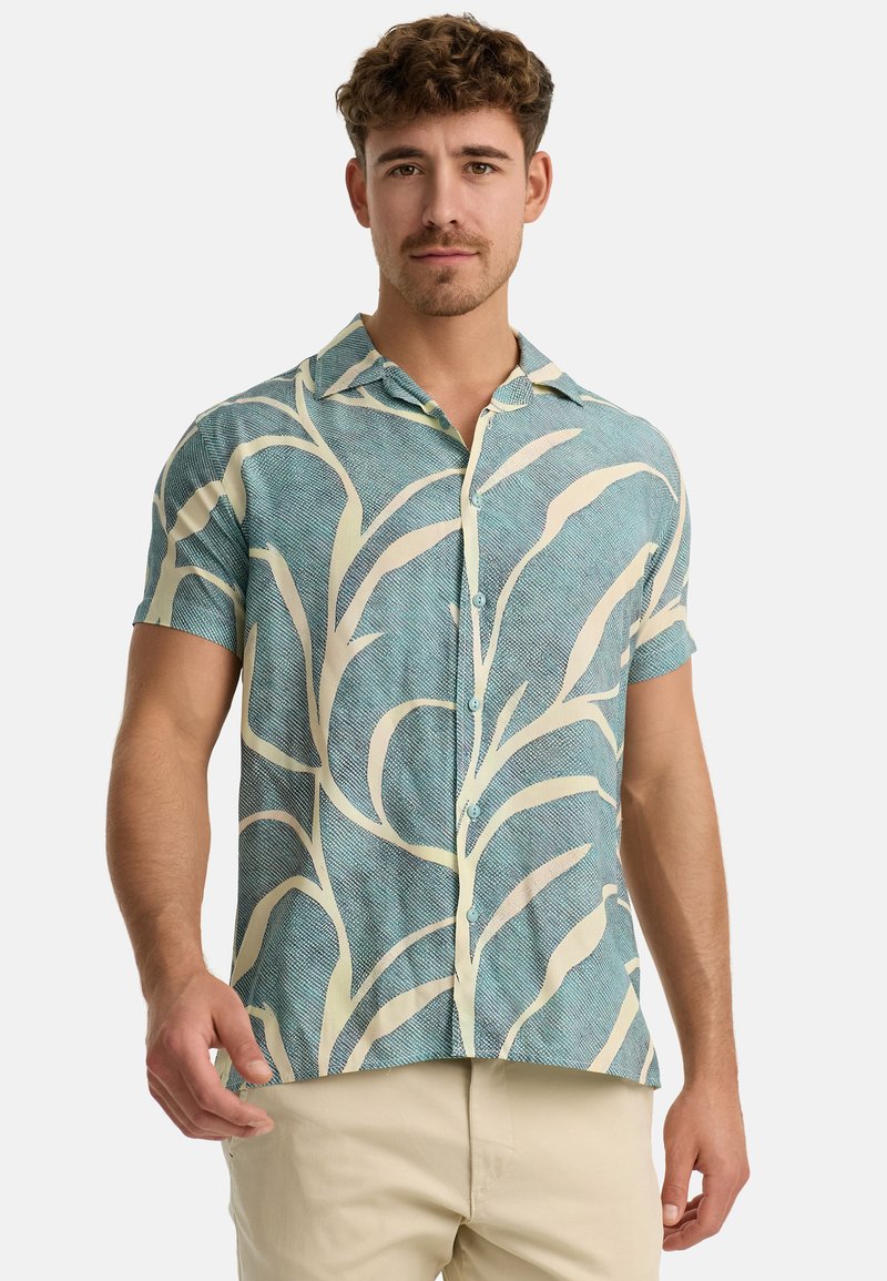 Short-sleeve shirt in light blue with a textured pattern and white leaf-like designs. Features a collar and button closure.
