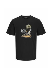 Schwarzes Baumwoll-T-Shirt mit einem grafischen Druck von einer Palme, einer Sonne und einem Strandstuhl, beschriftet mit "JACK & JONES" und "GREAT VIBES."