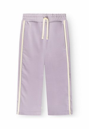 Pantalon de survêtement lilas enfant avec taille élastique, cordon blanc, poches latérales et bandes blanches sur fond uni.