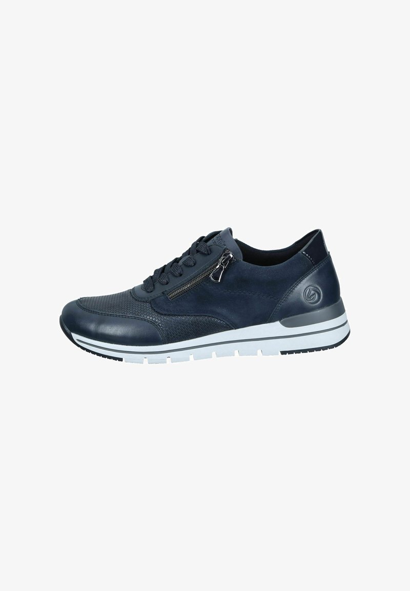 Sneaker in pelle blu navy con un pannello testurizzato, chiusura con lacci sul frontale e dettaglio zip di lato; suola in gomma bianca con accento nero.