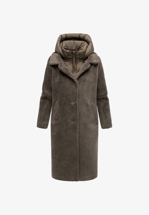 Pikk, tumehall uduhatt, millel on pehme ja soe tekstuur, sobides külmemate ilmadega. Hästi soojustatud kapuuts, nööbiga sulgemine ja küljetaskud.