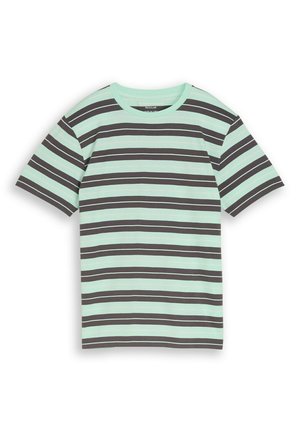 T-shirt à manches courtes avec col rond, rayures horizontales alternées vert menthe et gris foncé, coupe régulière, présenté à plat sur fond blanc.