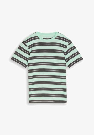 Kurzärmliges T-Shirt mit Rundhalsausschnitt und abwechselnden mintgrünen und dunkelgrauen horizontalen Streifen, normale Passform, flach auf weißem Hintergrund dargestellt.