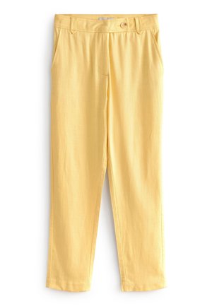 Yellow high-waist tapered pants with front button and pockets, displayed flat on a white background.