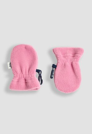 Rosa Fleece-Handschuhe mit weicher Textur, ausgestattet mit elastischen Bündchen und marineblauen Clips zur Befestigung. Schlichte, runde Form, ohne Muster.