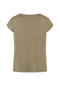 T-shirt olive, à manches courtes, avec un col rond, fabriqué dans un tissu doux. Ourlet droit en bas sans motifs ni accents visibles.