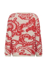 Pletený sveter s textúrovaným krémovým základom a odvážnym červeným paisley vzorom, okrúhlym výstrihom a dlhými rukávmi.