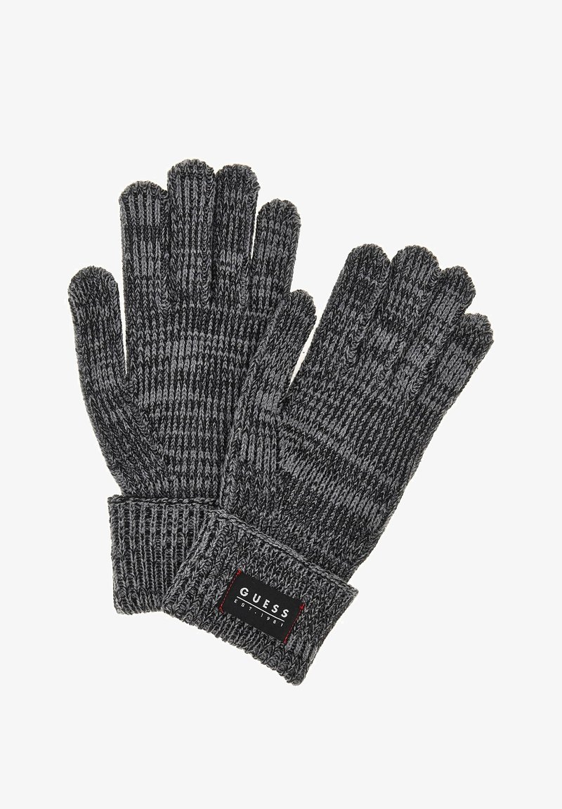 Tamsiai pilki megzti pirštinės, turinčios raštuotą apykaklę, tekstūruotą raštą visame paviršiuje ir juodą logotipo ženklelį su raudonais akcentais ant riešo.