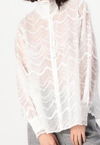 White sheer blouse with intricate wavy embroidery, dotted patterns, high collar, and button front. Features lace trim at cuffs.